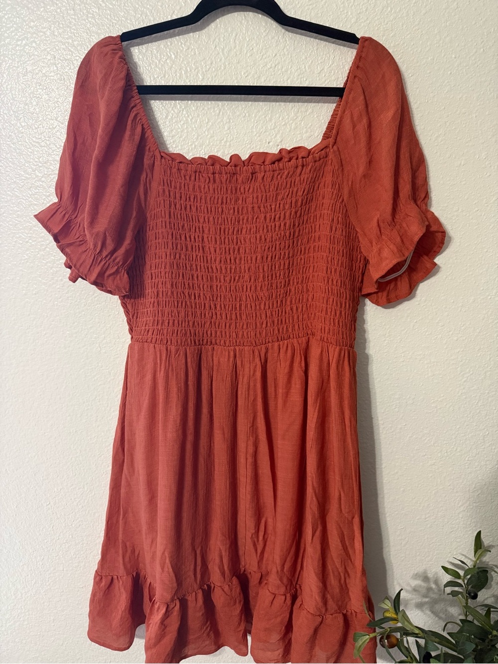 Smocked Puff-Sleeve Mini Dress in Rust - Picture 2 of 2